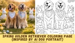 Pàgina per pintar Golden Retriever de primavera gratuïta: inspirada en el retrat de gossos d’AI